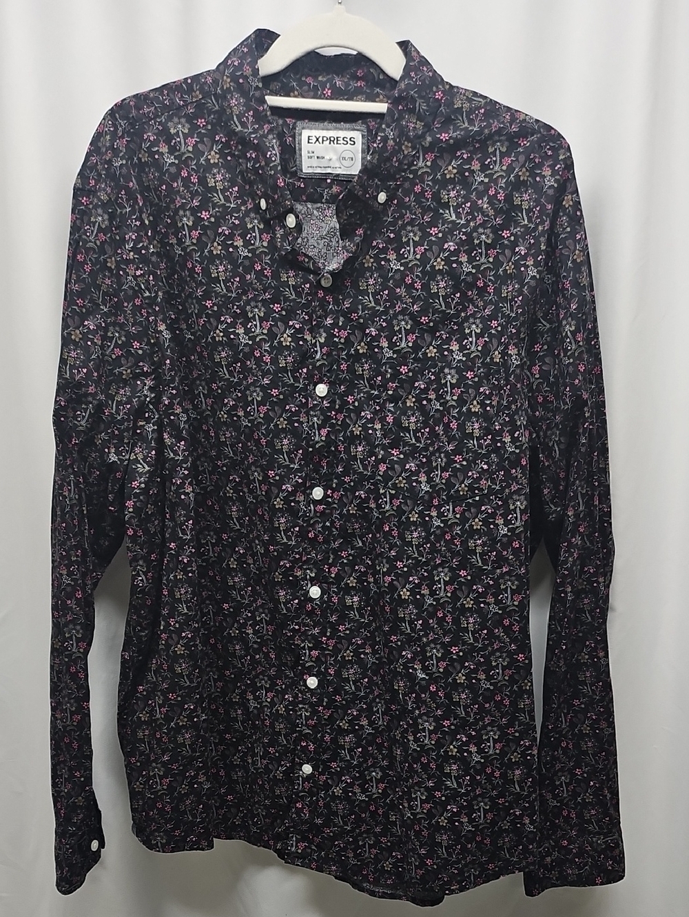 Express Men's Black Button-Down Shirt with Pink Floral Print